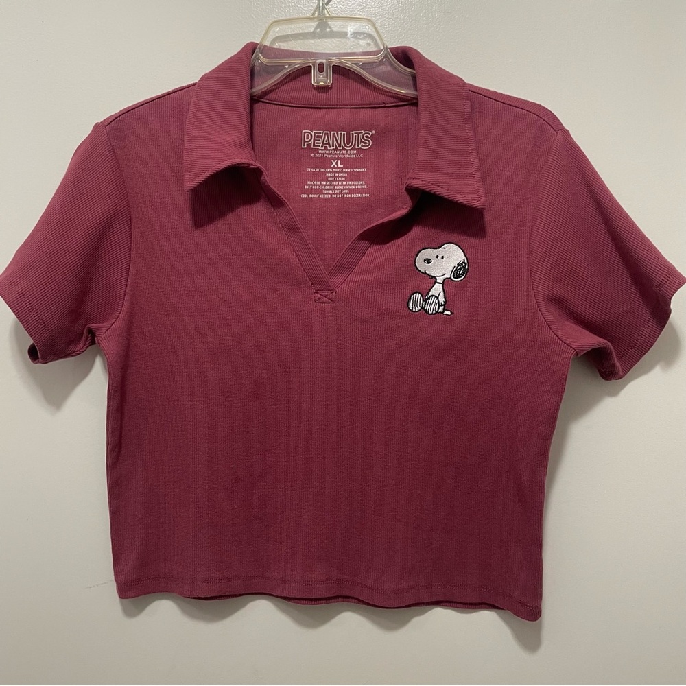 Peanuts Snoopy Embroidered Burgundy Cropped Polo Short Sleeve Ribbed Cute Shirt